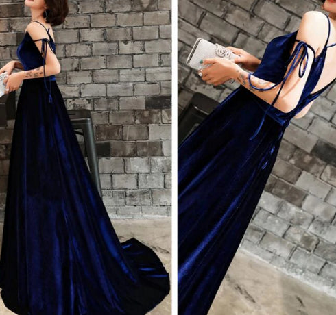 Beautiful Velvet Straps Long V-neckline Long Party Dress, Velvet Bridesmaid Dresses