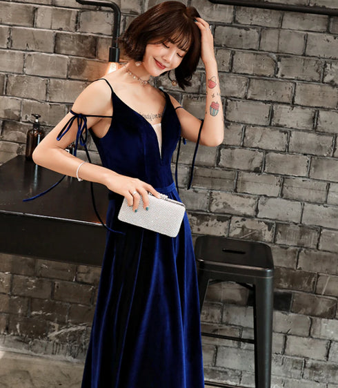 Beautiful Velvet Straps Long V-neckline Long Party Dress, Velvet Bridesmaid Dresses