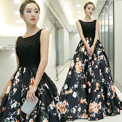 Black Floral Satin Long and Lace A-line Prom Dress Party Dress, Black Evening Dress