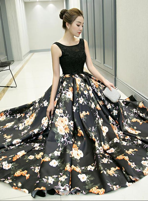 Black Floral Satin Long and Lace A-line Prom Dress Party Dress, Black Evening Dress