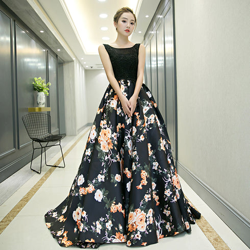 Black Floral Satin Long and Lace A-line Prom Dress Party Dress, Black Evening Dress