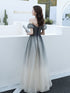 Black Gradient Sweetheart Beaded Off Shoulder Prom Dresses, A-line Tulle Evening Dress Party Dresses