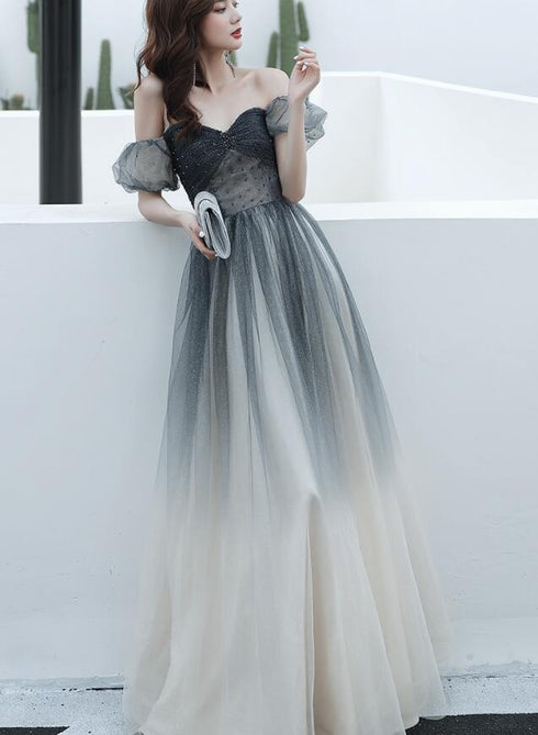 Black Gradient Sweetheart Beaded Off Shoulder Prom Dresses, A-line Tulle Evening Dress Party Dresses