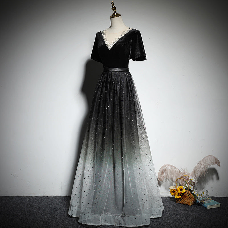 Black Gradient Tulle and Velvet Short Sleeves V-Neckline Tulle Party Dress, Black Tulle Prom Dress US Size 6 / Black
