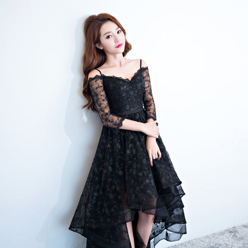 Black Lace V-neckline Straps High Low Party Dress Homecoming Dress, Black Formal Dress