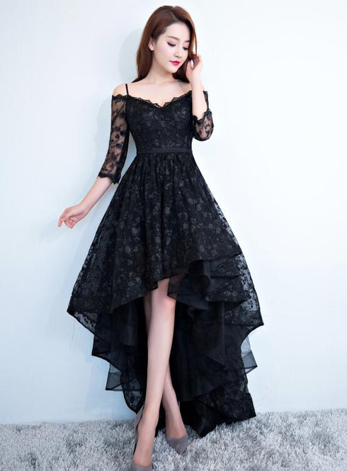 Black Lace V-neckline Straps High Low Party Dress Homecoming Dress, Black Formal Dress