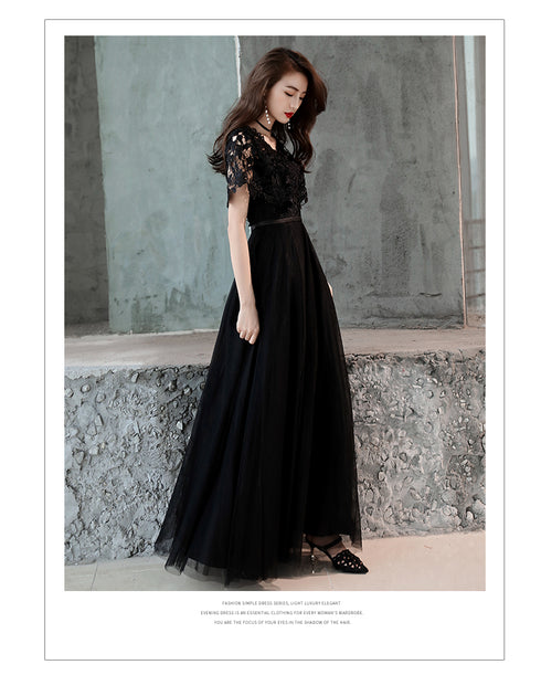 Black Lace and Tulle Long A-line Simple Evening Dress, Black Formal Dress Prom Dress