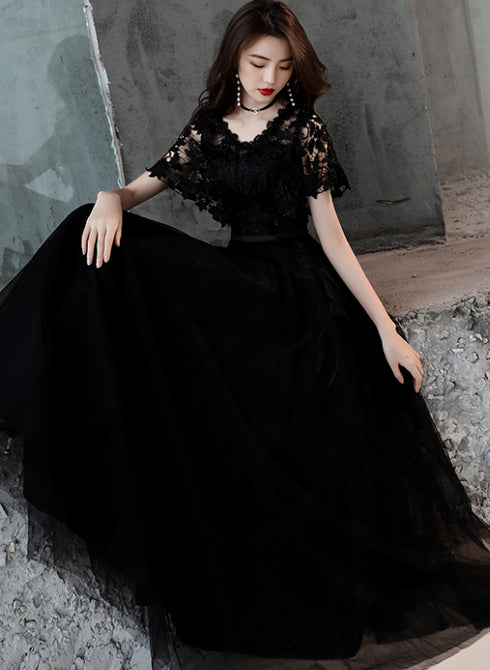 Black Lace and Tulle Long A-line Simple Evening Dress, Black Formal Dress Prom Dress