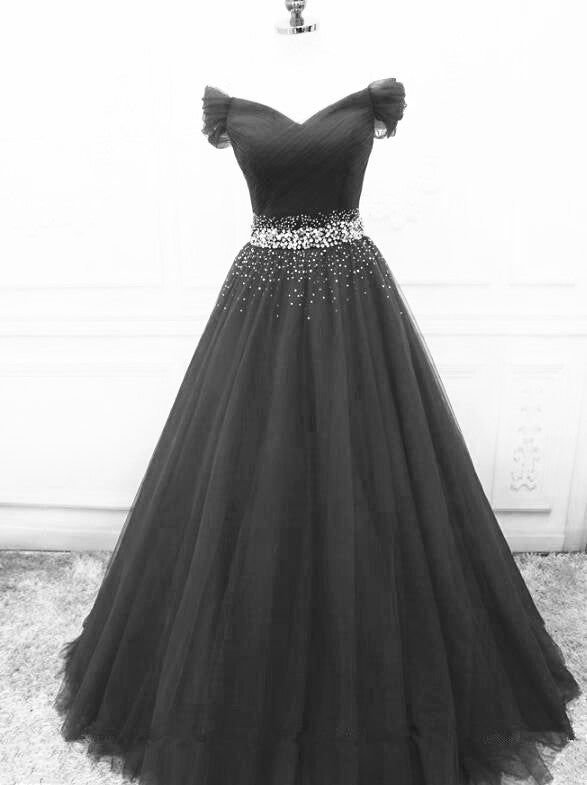 Black Tulle Beaded Floor Length Prom Dress, Black A-Line Off-Shoulder Evening Party Dress US 16 / Black