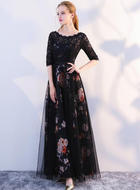Black Satin and Lace A-line Tulle Floor Length Junior Prom Dress, Black Formal Dresses