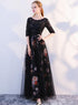 Black Satin and Lace A-line Tulle Floor Length Junior Prom Dress, Black Formal Dresses