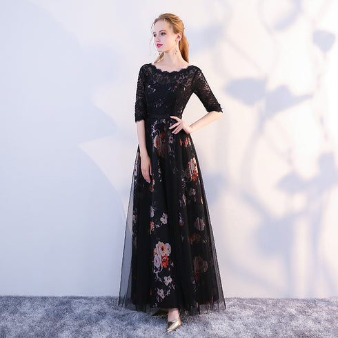 Black Satin and Lace A-line Tulle Floor Length Junior Prom Dress, Black Formal Dresses