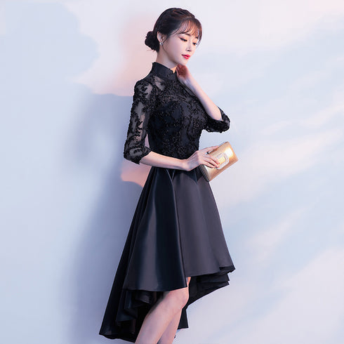 Black Satin and Lace High Neckline Cute Party Dresses, Black Homecoming Dresses
