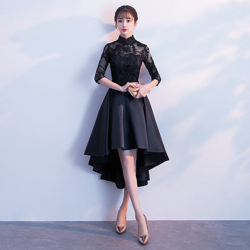 Black Satin and Lace High Neckline Cute Party Dresses, Black Homecoming Dresses