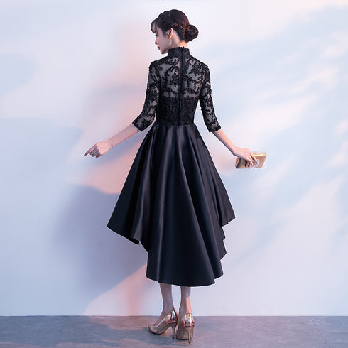 Black Satin and Lace High Neckline Cute Party Dresses, Black Homecoming Dresses