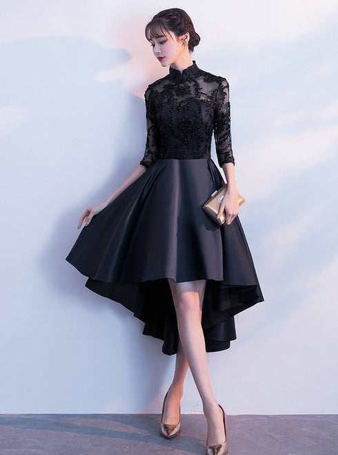Black Satin and Lace High Neckline Cute Party Dresses, Black Homecoming Dresses