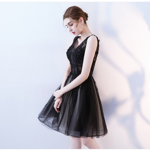 Black V-neckline Knee Length Lace Applique Lace Party Dress, Black Homecoming Dresses