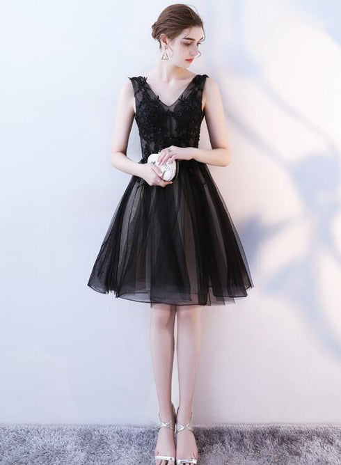 Black V-neckline Knee Length Lace Applique Lace Party Dress, Black Homecoming Dresses