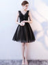 Black V-neckline Knee Length Lace Applique Lace Party Dress, Black Homecoming Dresses