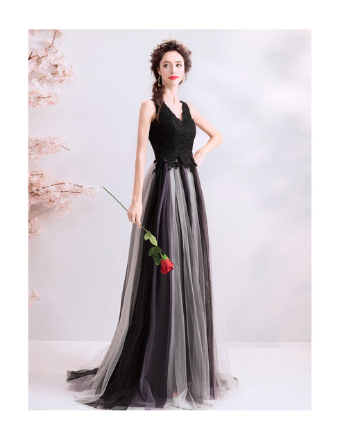 Black V-neckline Lace and Tulle Gradient Long Evening Dress Party Dress, Black Formal Dress Prom Dress