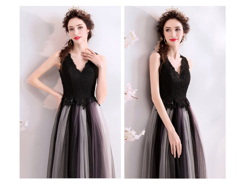 Black V-neckline Lace and Tulle Gradient Long Evening Dress Party Dress, Black Formal Dress Prom Dress