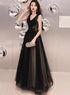 Black V-neckline Tulle Lace Applique Long Party Dress Prom Dresses, Black Evening Dresses