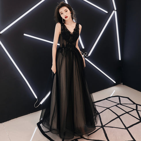 Black V-neckline Tulle Lace Applique Long Party Dress Prom Dresses, Black Evening Dresses
