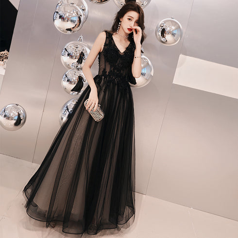 Black V-neckline Tulle Lace Applique Long Party Dress Prom Dresses, Black Evening Dresses