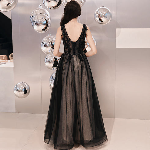 Black V-neckline Tulle Lace Applique Long Party Dress Prom Dresses, Black Evening Dresses