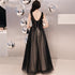Black V-neckline Tulle Lace Applique Long Party Dress Prom Dresses, Black Evening Dresses