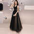 Black V-neckline Tulle Lace Applique Long Party Dress Prom Dresses, Black Evening Dresses