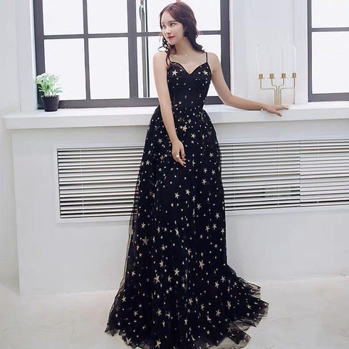 Black V-neckline Tulle Straps Low Back Long Evening Dress Prom Dress, Black Formal Dresses