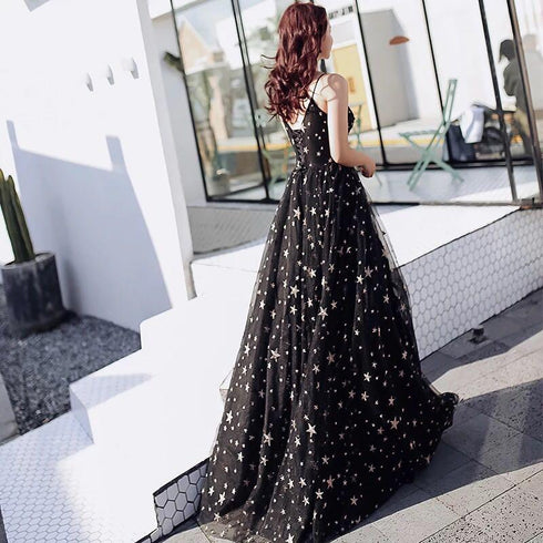 Black V-neckline Tulle Straps Low Back Long Evening Dress Prom Dress, Black Formal Dresses