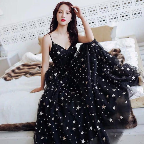 Black V-neckline Tulle Straps Low Back Long Evening Dress Prom Dress, Black Formal Dresses