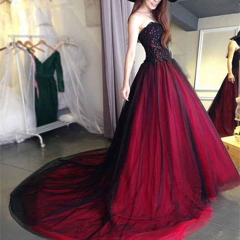 Black and Red Beaded Lace Tulle Long Evening Dress Prom Dress, Long Wedding Party Dresses