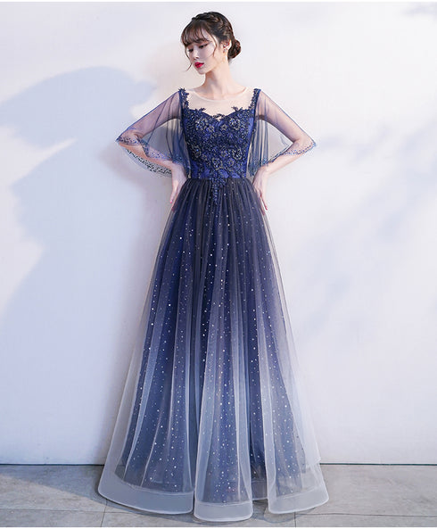 Blue Gradient Long Formal Dress with Puffy Sleeves, A-line Tulle Blue Prom Dress Bridesmaid Dresses