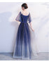 Blue Gradient Long Formal Dress with Puffy Sleeves, A-line Tulle Blue Prom Dress Bridesmaid Dresses
