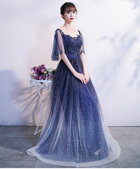Blue Gradient Long Formal Dress with Puffy Sleeves, A-line Tulle Blue Prom Dress Bridesmaid Dresses