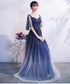 Blue Gradient Long Formal Dress with Puffy Sleeves, A-line Tulle Blue Prom Dress Bridesmaid Dresses