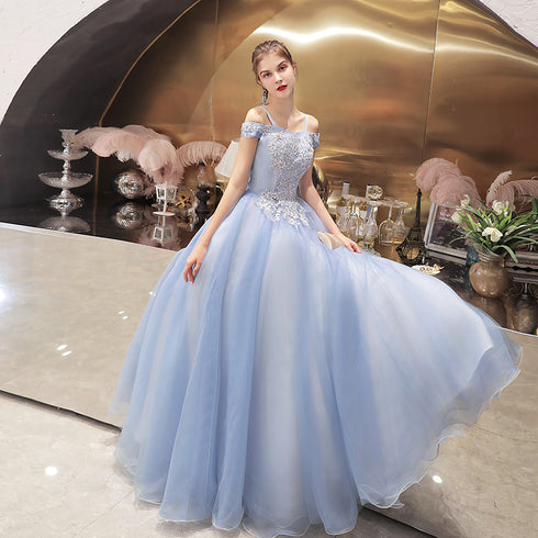 Blue Off Shoulder Long Party Dress with Lace Applique, Off Shoulder Straps Prom Dress Evening Dress