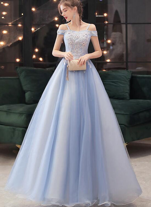 Blue Off Shoulder Long Party Dress with Lace Applique, Off Shoulder Straps Prom Dress Evening Dress