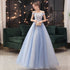 Blue Off Shoulder Long Party Dress with Lace Applique, Off Shoulder Straps Prom Dress Evening Dress