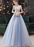Blue Off Shoulder Long Party Dress with Lace Applique, Off Shoulder Straps Prom Dress Evening Dress