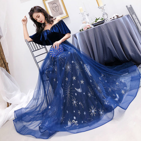 Blue Tulle Long Beaded Party Dress, Blue Velvet Top Prom Dress Evening Gown