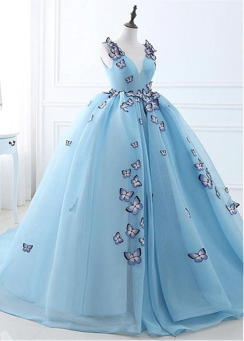 Blue Tulle Long Party Dress with butterfly, Gorgeous Sweet 16 Dresses