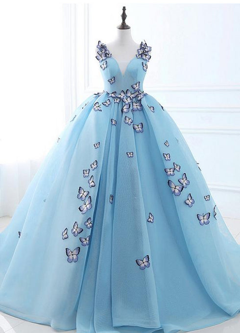 Blue Tulle Long Party Dress with butterfly, Gorgeous Sweet 16 Dresses