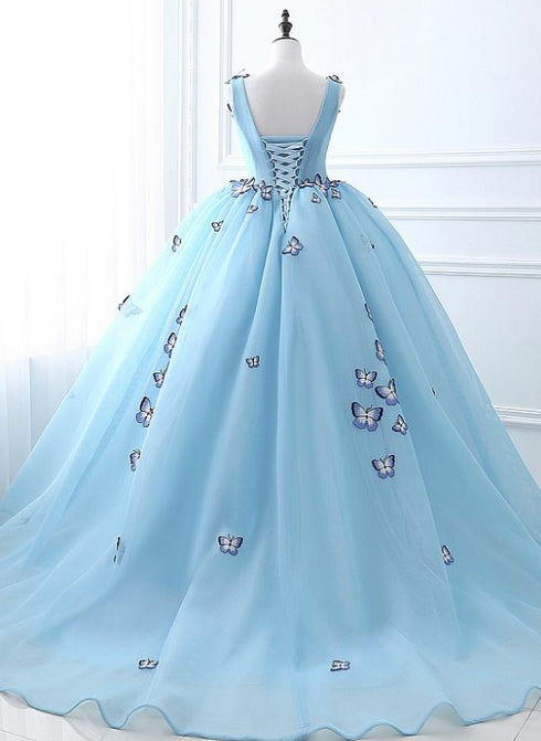 Blue Tulle Long Party Dress with butterfly, Gorgeous Sweet 16 Dresses