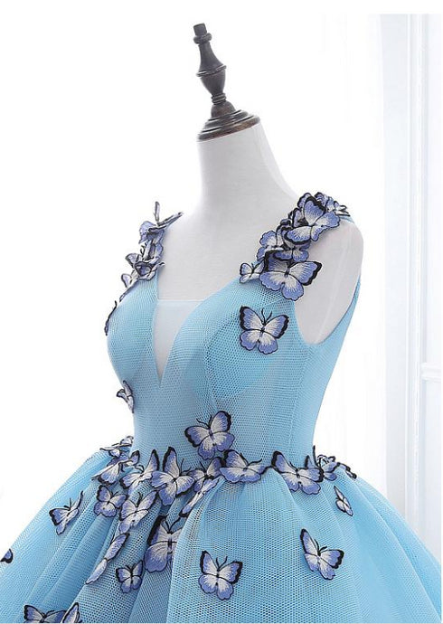 Blue Tulle Long Party Dress with butterfly, Gorgeous Sweet 16 Dresses