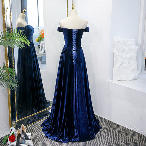 Blue Velvet Beaded Elegant Off Shoulder Evening Dress, Blue Long Prom Dress Party Dress
