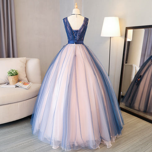 Blue and Pink Flower Lace Applique V-neckline Sweet 16 Gown, Floor Length Formal Dresses